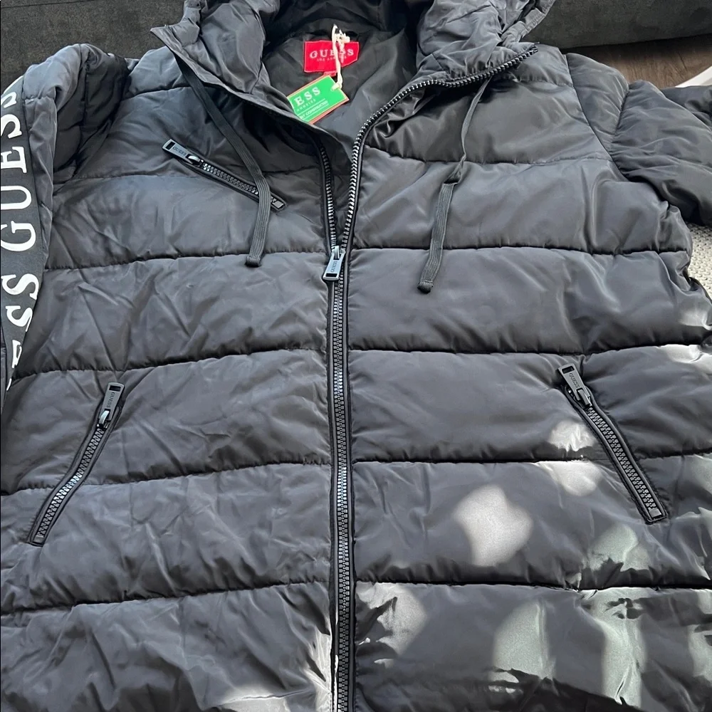 Guess Black Quilted Jacket with Logo Sleeves